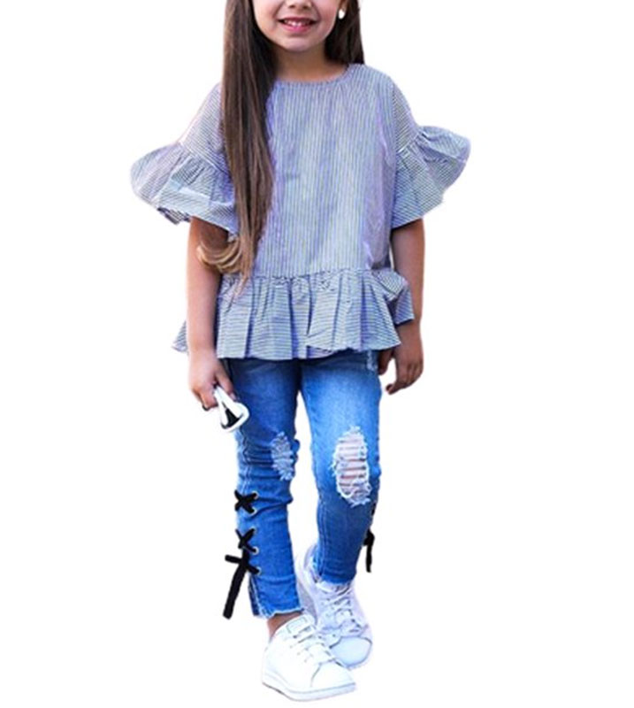 Toddler Kids Baby Girl Striped Blue Half Sleeves Tops Shirt Ripped Denim Pants Set Outfit Summer Clothes